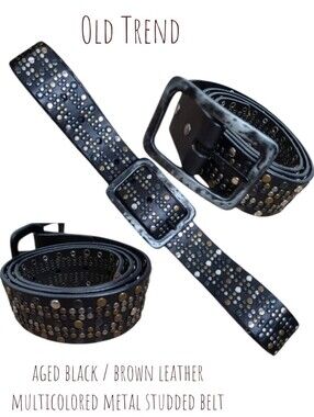 Old Trend women's aged black / brown leather multicolored metal studded belt